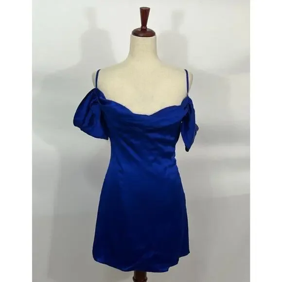 LA SEMAINE Paris Sz 34 2 Blue Silk Blend Off Shoulder Mini Dress NWT - Picture 1 of 10
